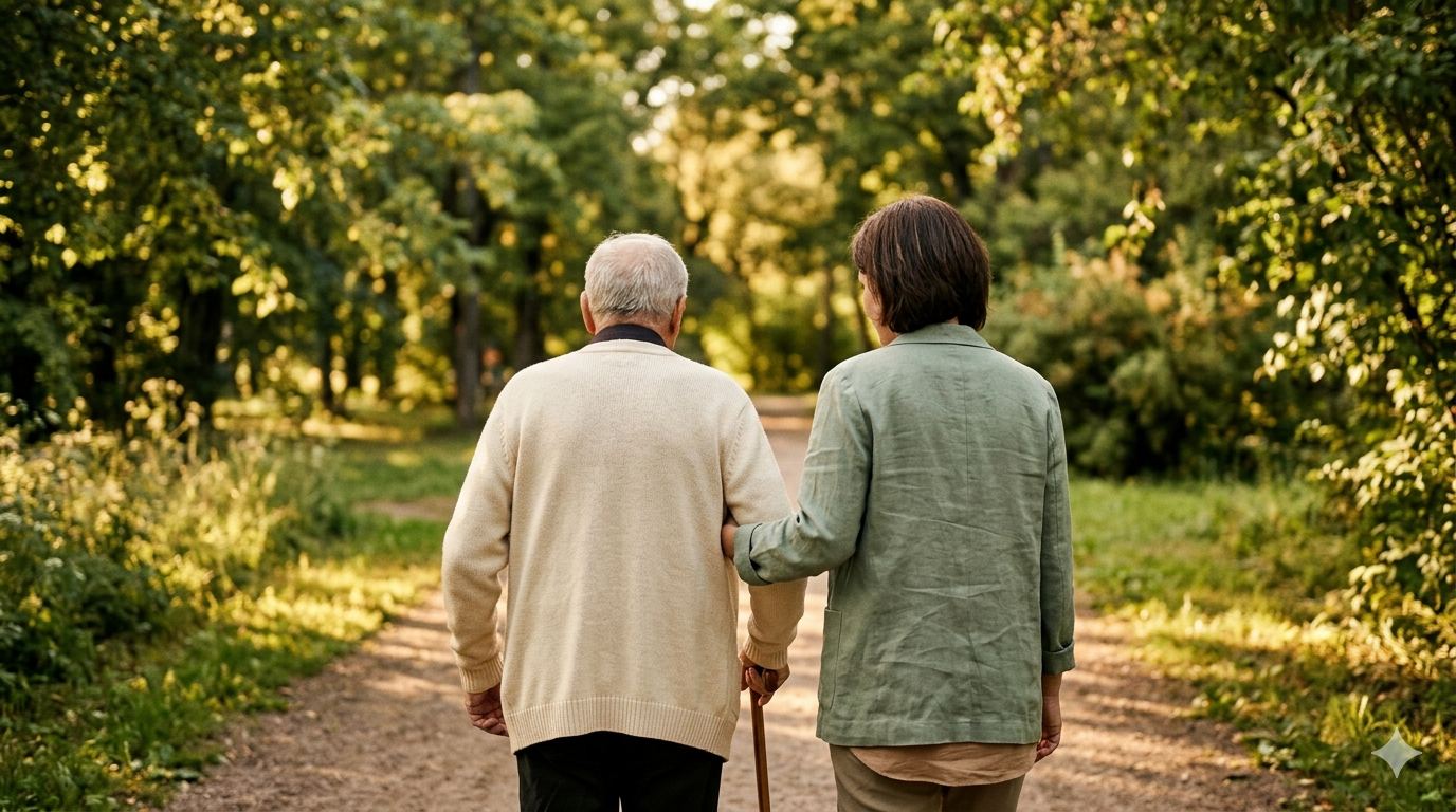 Begleitperson und Betreuter beim Spaziergang im Park