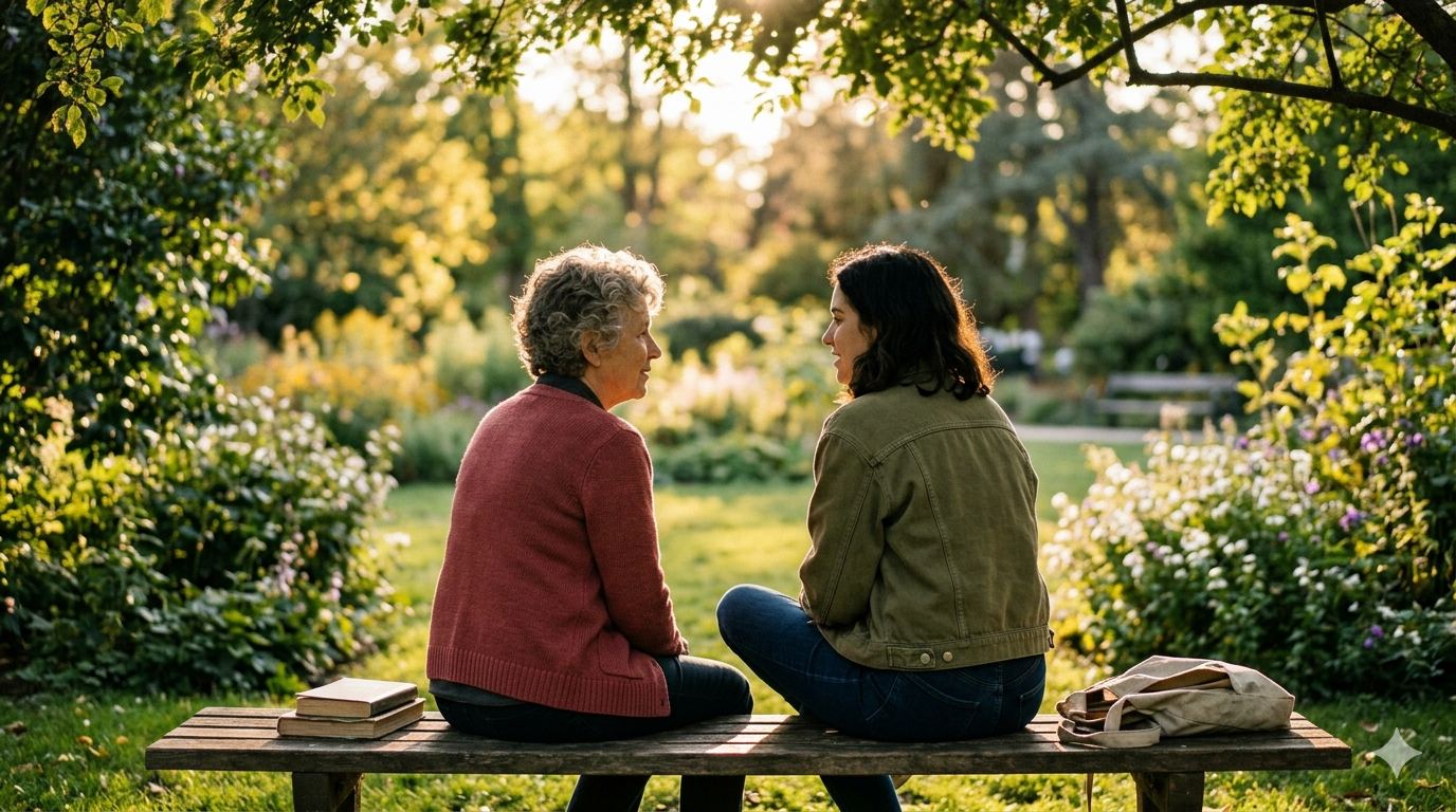 Seniorin genießt Gesellschaft im Garten