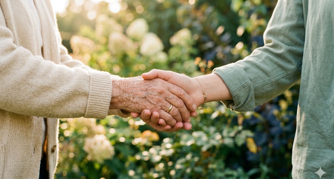 Zwei Hände halten sich vertrauensvoll im Grünen